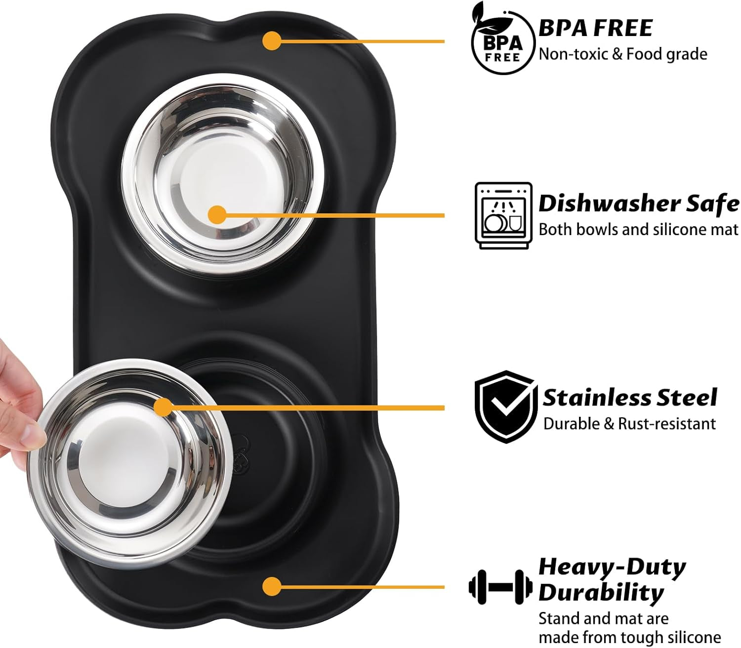 Pet Dog Bowls 2 Stainless Steel Dog Bowl with No Spill Non-Skid Silicone Mat + Pet Food Scoop Water and Food Feeder Bowls for Feeding Small Medium Large Dogs Cats Puppies (M, Black)